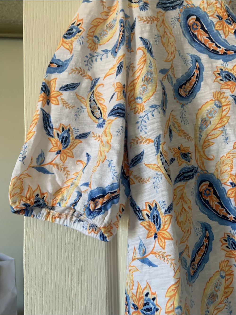 Chico's Short-Sleeve Paisley Popover Top in Blue & Yellow - Picture 2 of 4